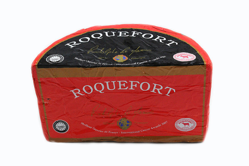 Roquefort AOP blue cheese in brand packaging
